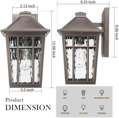 Darkaway Large Outdoor Sconce Lights Wall Light Fixtures,14inch Exterior Porch Light Outdoor Sconce Anti-Rust Outside Light with Water Ripple Glass for Patio Yard Garage, 2 Pack - Image 4