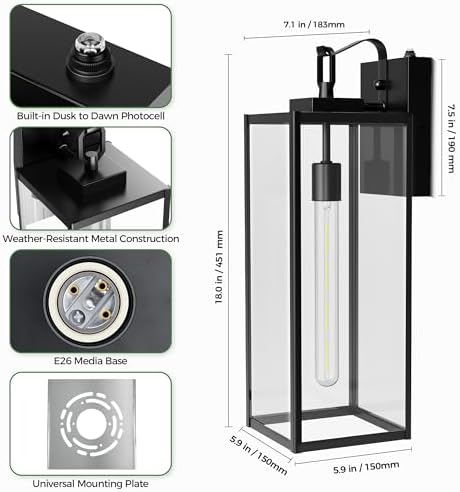 DORESshop 18 Inch Large Size Dusk to Dawn Outdoor Wall Lights, Matte Black Waterproof Anti-Rust Outdoor Light Fixtures Wall Mount with Clear Glass Shade for Porch, Garage, Doorway, 2 Pack - Image 6
