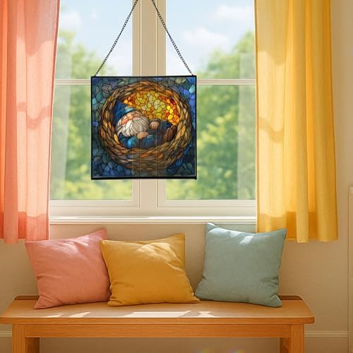 Dreamy Nest Gnome Stained Glass Suncatcher – Square Hanging Window Panel for Home or Greenhouse – Whimsical Glass Art Gift for Garden Lovers, Christmas, Halloween, Father Days ng8OPb - Image 5