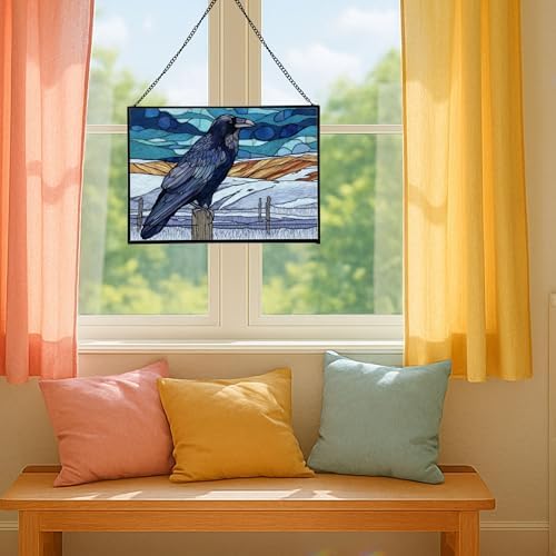 Raven Sitting on Frosted Fencepost Rectangular Stained Glass Suncatcher – Hanging Window Panel with Animal & Nature Scene – Vibrant Glass Art Gift for Wildlife, Fantasy, Nature Lovers U61mJ6 - Image 5
