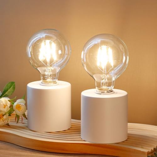 JHY DESIGN Set of 2 White Table Lamp Battery Powered 7" Tall Cordless Lamp Light with Edison Style Bulb Battery Operated Great for Living Room Bedroom Weddings Parties Patio Events by JHYDESIGN
