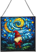 Starry Night Gnome Stained Glass Suncatcher – Square Hanging Window Panel for Home or Greenhouse – Whimsical Glass Art Gift for Garden Lovers, Christmas, Halloween, Father Days a2v77s by Custom