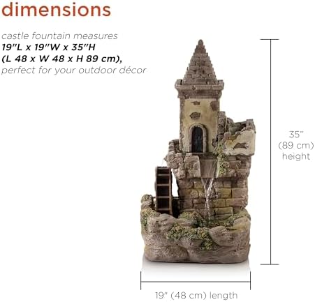 Alpine Corporation USA1164 Outdoor Floor Tiered Fairy Castle Waterwheel Water Fountain with Realistic Stone Look, 35", Brown - Image 3