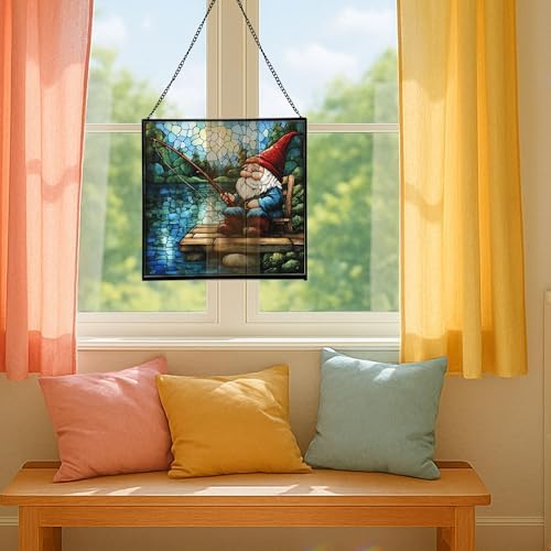 Fishing Gnome by The Lake Stained Glass Suncatcher – Square Hanging Window Panel for Home or Greenhouse – Whimsical Glass Art Gift for Garden Lovers, Christmas, Halloween, Father Days RUy8OS - Image 5