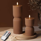 Brown Ribbed Fall Flameless Pillar Candles with Remote Set of 2 by Girimax