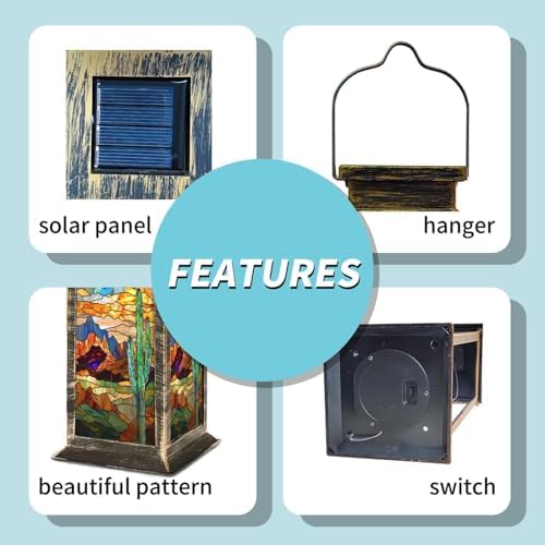 Solar Lantern Stunning Stained Glass Western Landscape Textured Cactus Outdoor Waterproof Garden Hanging Lantern Solar Powered Lighting Outside Table Lamp for Patio Deck Camping 1 Pack - Image 4
