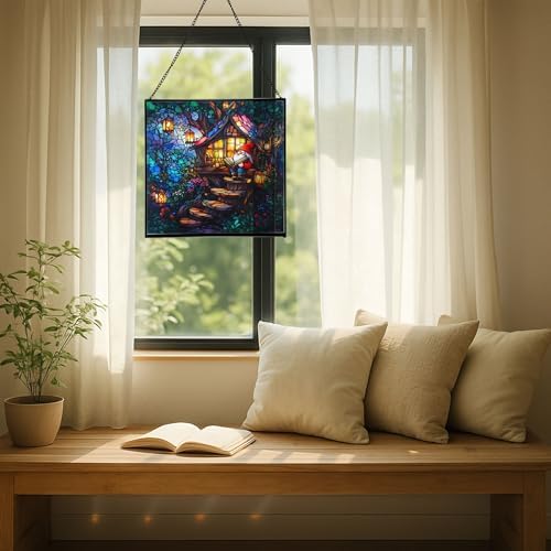 Gnome Reading in Treehouse Stained Glass Suncatcher – Square Hanging Window Panel for Home or Greenhouse – Whimsical Glass Art Gift for Garden Lovers, Christmas, Halloween, Father Days Nmi7V5 - Image 7