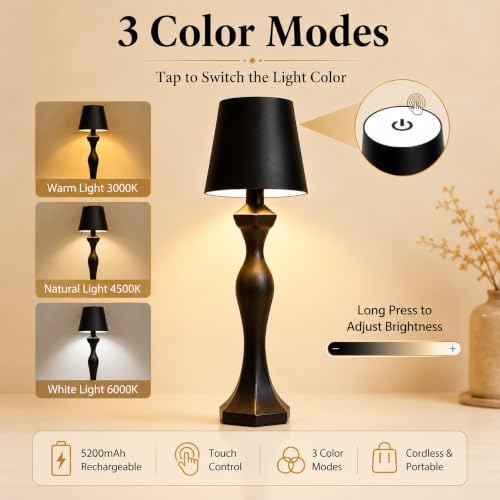 2 Pack Cordless Table Lamps, 5200mAh Rechargeable Battery Operated Lamp, Portable Outdoor Desk Light with 3 Color & Stepless Dimming Touch Control for Bedroom, Patio, Restaurant, Dining Room (Black) - Image 2