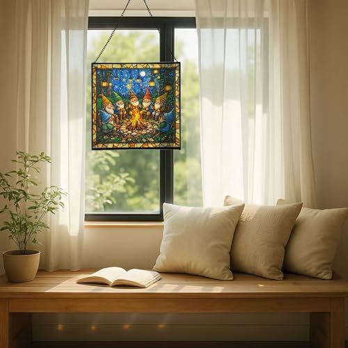 Campfire Story Gnome Stained Glass Suncatcher – Square Hanging Window Panel for Home or Greenhouse – Whimsical Glass Art Gift for Garden Lovers, Christmas, Halloween, Father Days VgBFDy - Image 7