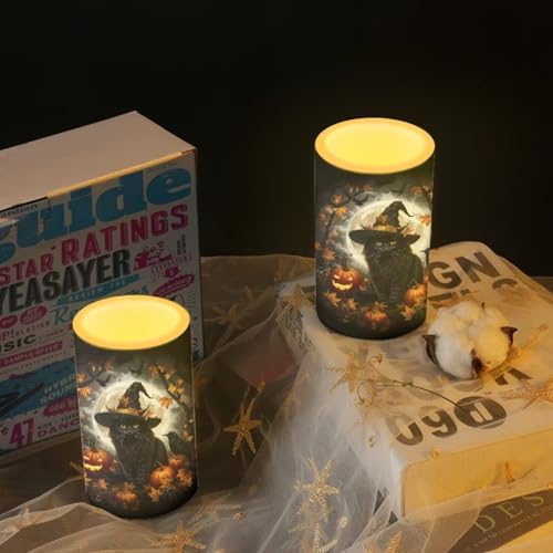 Halloween Set of 2 Flameless Candles Bulk Battery Operated Candles with Timer Remote, Black Cat Pumpkin Print LED Pillar Lights for Trick or Treat Party Decorations - Image 6