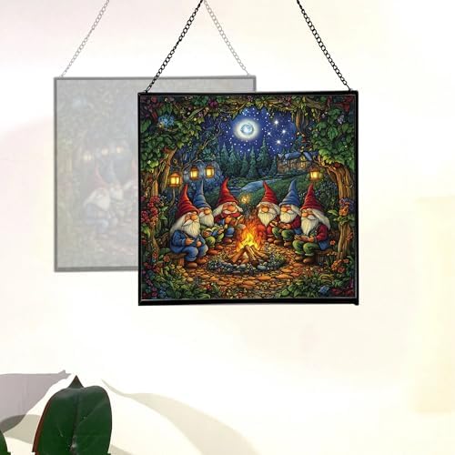 Campfire Story Gnome Stained Glass Suncatcher – Square Hanging Window Panel for Home or Greenhouse – Whimsical Glass Art Gift for Garden Lovers, Christmas, Halloween, Father Days hQZx4H - Image 4