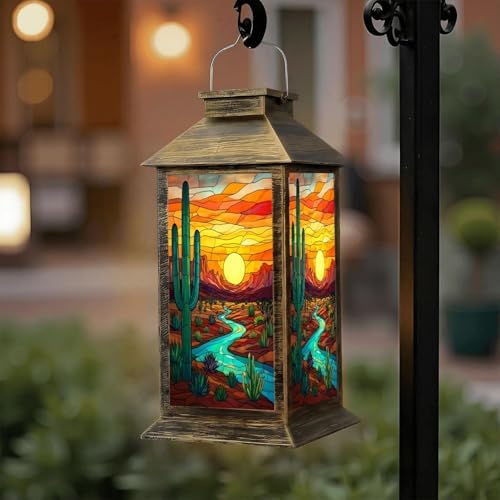 Solar Lantern Outdoor Waterproof Desert Landscape Saguaro Cactus Flowing River Stained Glass Style Garden Decor LED Hanging Solar Lights Tabletop Lamp Gifts for Women Mom Outside Yard Patio Porch by DERUINVAIO