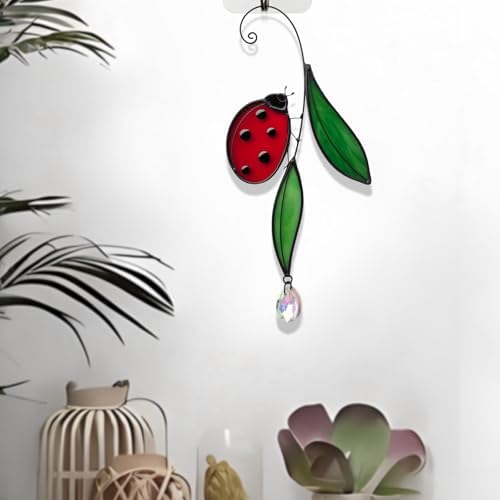 Handmade Real Stained Glass Ladybug Suncatcher, Red Ladybug on Green Leaves ，Window Hanging or Wall Hanging Art Decor,Crystal Bead Accent, Nature-Inspired Home Decor, Indoor & Outdoor Garden Ornament - Image 6