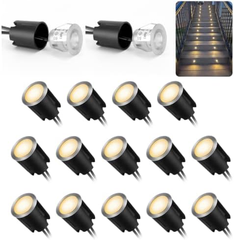 16 Pack LED Recessed Deck Lights with Protecting Shell, IP68 Waterproof Warm White, 0.6W , Outdoor Landscape Lighting, 12V Low Voltage Deck Lights Kit for Garden Yard Step Riser Stair Decoration by Sunmerit
