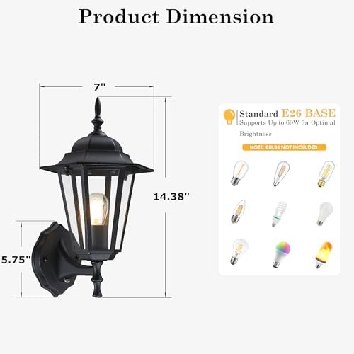 GRUENLICH Outdoor Wall Light Fixture, Antirust Aluminum Glass, Black 2 Pack - Image 3