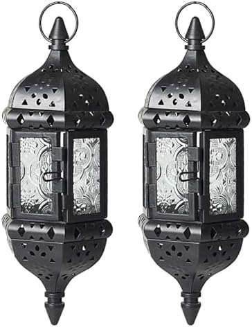 2Pcs Moroccan Lantern, Hollow Vintage Hanging Candle Lantern Metal Ramadan Decorations for Home Indoor Outdoor by Unknown