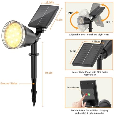 Solar Spot Lights Outdoor Waterproof: 1000LM Big Adjustable Spotlight - 2-in-1 15Hrs+ Long Lasting Spot Light - Solar Powered Spotlights Landscape Lighting for Garden, Yard, Tree, Flag, Wall, Pathway - Image 6