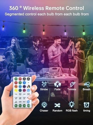 Commercial Grade 48FT LED Outdoor String Lights with Remote Control - 15 Shatterproof Bulbs Waterproof Color Changing Christmas Lights, Dimmable for Patio, Garden, Wedding Decor - Image 4