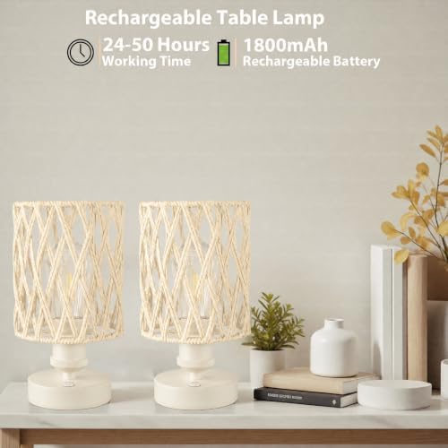 Cordless Outdoor Table Lamps, Small Rattan Boho, Rechargeable Battery Operated for Outdoor Patio, Home, Living Room, Bedroom, Bedside - Set of 2 (Ivory) - Image 4
