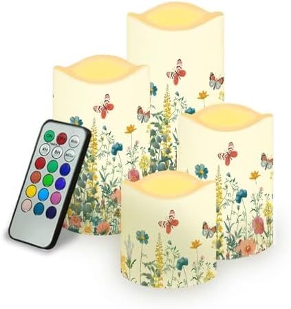 Flameless Pillar Candles Set of 4 Battery Operated Candles with Timer Remote and Color Changing Led Candles Tea Light Fake Candles Living Room Home House Decor Floral and Butterfly by Uorisanigo