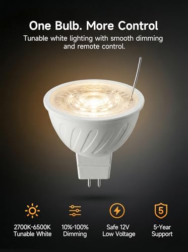 Gardenreet MR16 LED Light Bulb, 5W Tunable White 2700K-6500K with Remote, 450 Lumens Dimmable, GU5.3 Bi-Pin 12V Low Voltage Bulbs for Enclosed Outdoor Landscape Spotlights, 45° Beam Angel, 6 Pack - Image 2