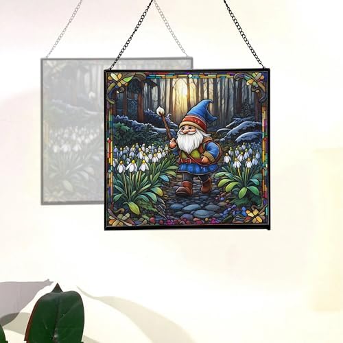 Snowdrop Gnome Walk Stained Glass Suncatcher – Square Hanging Window Panel for Home or Greenhouse – Whimsical Glass Art Gift for Garden Lovers, Christmas, Halloween, Father Days D9Mw7a - Image 4