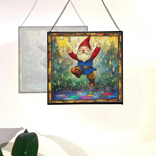 Raindrop Dance Gnome Stained Glass Suncatcher – Square Hanging Window Panel for Home or Greenhouse – Whimsical Glass Art Gift for Garden Lovers, Christmas, Halloween, Father Days 5CgFwp - Image 4