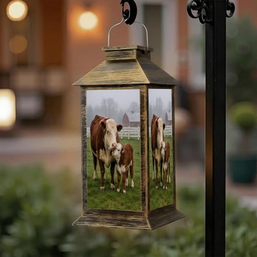 Solar Lantern Outdoor Waterproof Brown White Hereford Cow Young Calf Garden Decor LED Hanging Solar Lights Tabletop Lamp Gifts for Women Mom Outside Yard Patio Porch by DERUINVAIO