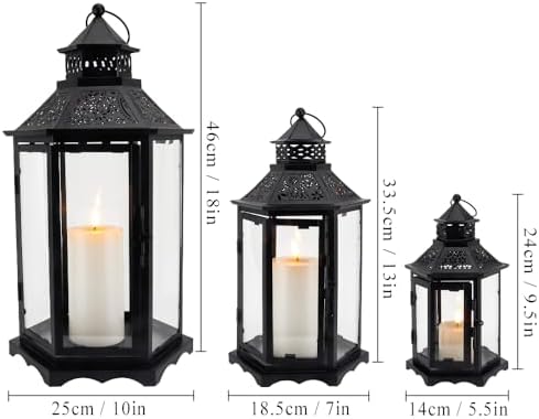 TRIROCKS Set of 3 Decorative Candle Lanterns18''&13"&10" H Hexagonal Candle Holder Vintage Metal Hanging Lantern with Tempered Glass for Garden Patio Wedding Event Indoors Outdoors(Black) - Image 2