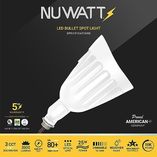 NUWATT 25W White LED Bullet Spot Light for Outdoor Landscapes, 3CCT 30K-50K - Image 2