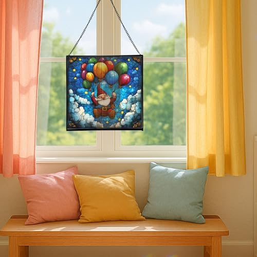 Gnome Balloon Ride Stained Glass Suncatcher – Square Hanging Window Panel for Home or Greenhouse – Whimsical Glass Art Gift for Garden Lovers, Christmas, Halloween, Father Days 7bMllP - Image 5