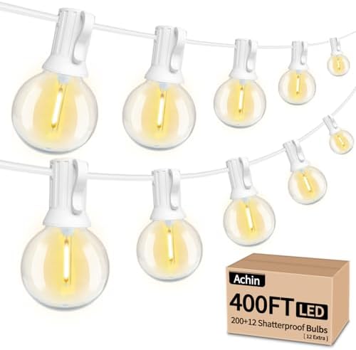 Achin Outdoor String Lights White 400FT(100ft*4) Patio Lights Outdoor Waterproof with 212 LED Bulbs(12 Spare) Shatterproof G40 Globe String Lights for Outside Wedding Backyard, White Wire, 2700K by Achin