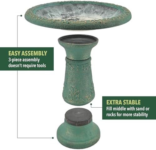 Arcadia Garden Products BB04 Fiberclay Bird Bath Outdoor Garden Decor, Antique Vintage Weather Resistant Water Bowl for Backyard and Patio and, 20-inch Tall, Green - Image 2
