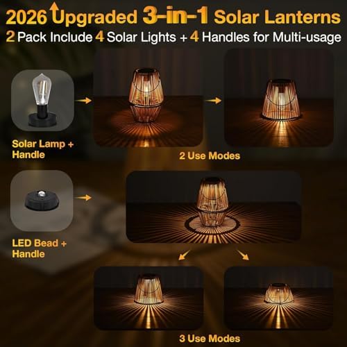 Uspring 2 Pack 3-in-1 Solar Lanterns Outdoor Waterproof Rattan Woven Hanging Solar Lights for Outside with Bright Lamp & LED Bead & 4 Handles, Garden Gifts Decor for Women Mom Patio Yard Porch - Image 2