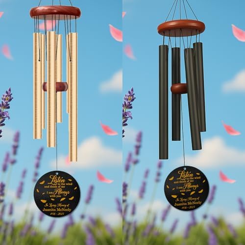 Personalized “Listen to The Wind” Memorial Wind Chime – Custom Name & Years – Golden Feather Remembrance Gift – Outdoor Sympathy Windchime for Loss of Loved One – Comforting Bereavement Keepsake - Image 3