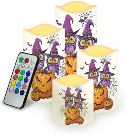Pumpkin Lantern Owl Flameless Candles with Remote Color Changing Pillar Candles Battery Operated Tea Light for Halloween Party Decor Led Electric Candles Outdoor Home Decorations by Uorisanigo