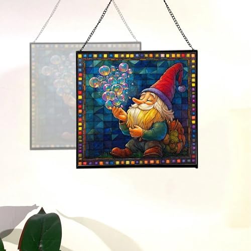 Gnome with Soap Bubbles Stained Glass Suncatcher – Square Hanging Window Panel for Home or Greenhouse – Whimsical Glass Art Gift for Garden Lovers, Christmas, Halloween, Father Days urBatW - Image 4