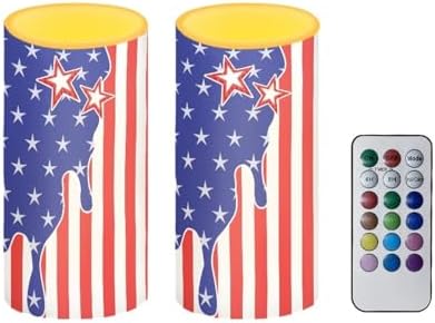 Stars American Flag Print Flickering Flameless Candles with Timer Battery Operated LED Candles with Remote Independence Day Pillar Candles by Merkmak