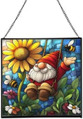 Gnome and Daisy Swing Stained Glass Suncatcher – Square Hanging Window Panel for Home or Greenhouse – Whimsical Glass Art Gift for Garden Lovers, Christmas, Halloween, Father Days T6RMkB by Custom