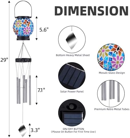 VOREEN Solar Wind Chimes with Gentle Chime Sound, Blue Mosaic Glass Lantern for Outdoor, Calming Night Glow & Relaxing Breeze Melody, Waterproof Porch Yard Garden Decor, Memorial & Sympathy Gift - Image 4
