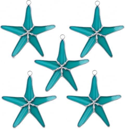Stained Glass Teal 3 Inch Starfish Suncatcher Set of 5, Coastal Home Decor by DGEDistribution