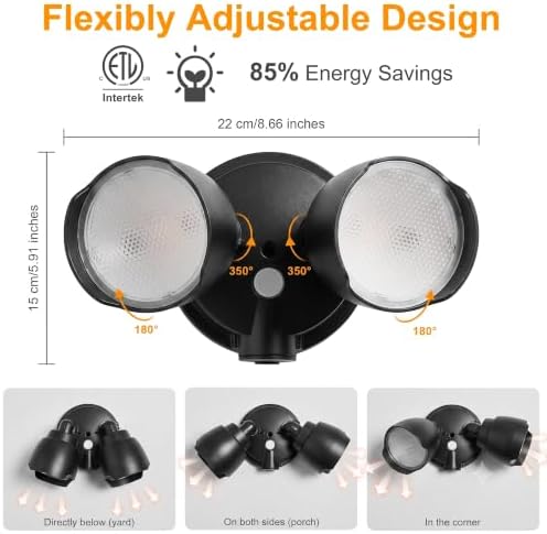 2 Packs 15W LED Flood Light Outdoor, 1500 Lumen Exterior Security Lights, 3000K/5000K Light, IP65 Waterproof, Dual-Head Wall/Eave Mount Flood Lights Energy Saving for Garage, Patio, Yard (Black) - Image 7
