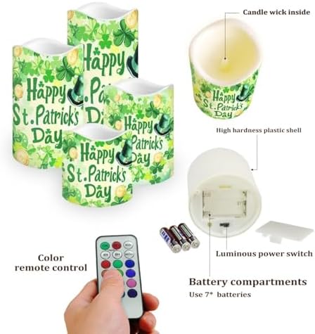 Happy Saint Patrick's Day Flameless Candles LED Pillar Candles Battery Operated Candles with Remote and Timers Color Changing Electric Fake Plastic Candles Green Leaf - Image 3