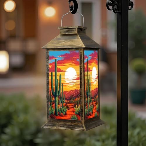 Solar Lantern Outdoor Waterproof Desert Sunset Landscape Saguaro Vibrant Sky Garden Decor LED Hanging Solar Lights Tabletop Lamp Gifts for Women Mom Outside Yard Patio Porch by DERUINVAIO