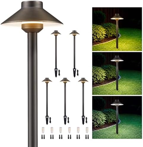 Gardenreet Low Voltage Landscape Lighting Brass, 2700K/3000K/4000K Adjustable 12v Pathway Lights Waterproof, Hard Wired Path Light Outdoor, Bronze for Exterior Area Patio with G4 Bulb (6 Pack) by Gardenreet
