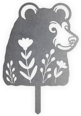 Animal Floral Metal Garden Stake | Raw Metal Patinas Over Time | Yard Art Decor Spring Summer Decorations Flower Bed Plant Stakes Marker (Bear) by BaumDesigns