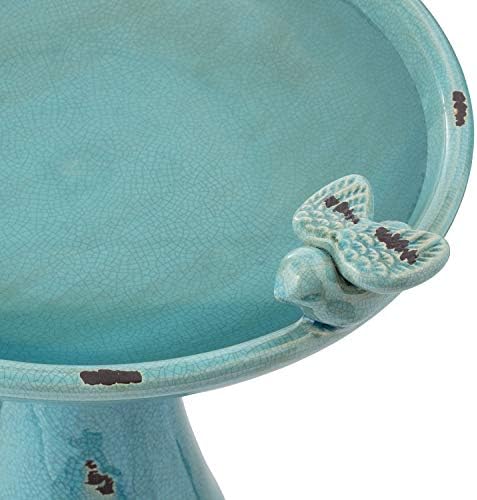 Alpine Corporation 25" Tall Outdoor Ceramic Antique Pedestal Birdbath with 2 Bird Figurines, Turquoise - Image 5