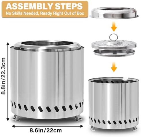HGD Small Tabletop Fire Pit 8.8 x 8.6 in, Portable Mini Smokeless Table Top Firepit, Low Smoke Camping Stove for Outdoor & Patio, Fueled by Pellets or Wood, with Travel Bag, Stainless Steel, Silver - Image 3