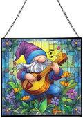 Musician Gnome Stained Glass Suncatcher – Square Hanging Window Panel for Home or Greenhouse – Whimsical Glass Art Gift for Garden Lovers, Christmas, Halloween, Father Days Dxyh3Y by Custom