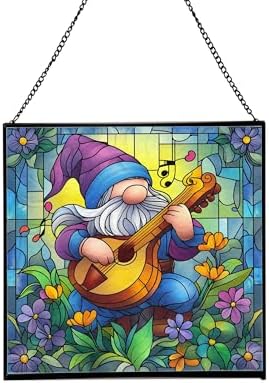 Musician Gnome Stained Glass Suncatcher – Square Hanging Window Panel for Home or Greenhouse – Whimsical Glass Art Gift for Garden Lovers, Christmas, Halloween, Father Days Dxyh3Y by Custom